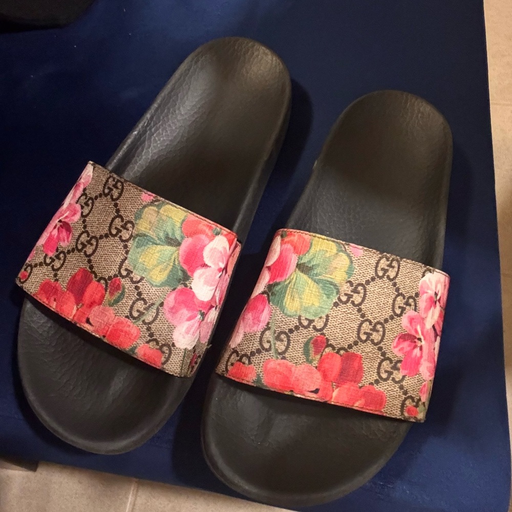 Gucci Brown GG Floral Canvas Slides with Pink & Green Blooms